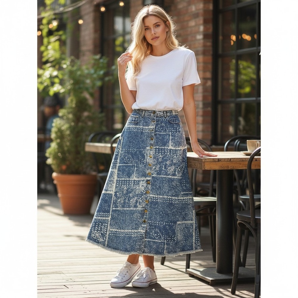 Lulus Denim Midi Skirt Paisley Patchwork Acid Wash Boho Western Blue Large L